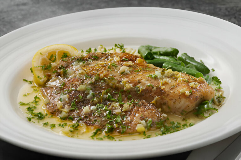 A beautifully plated fish dish garnished with herbs and lemon, served with green beans.