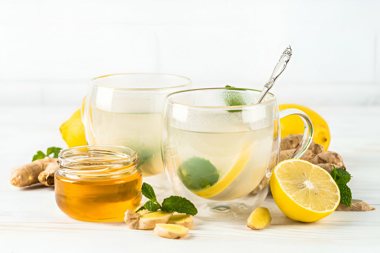 Two transparent cups of ginger lemon tea with slices of ginger and lemon, honey jar, and mint leaves on a white wooden table.