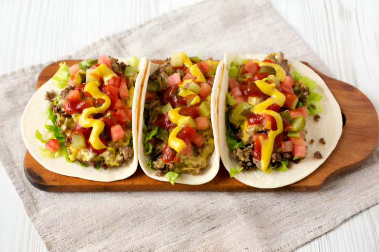 Three delicious tacos filled with ground beef, lettuce, diced tomatoes, pickles, ketchup, and mustard, served on a wooden board.