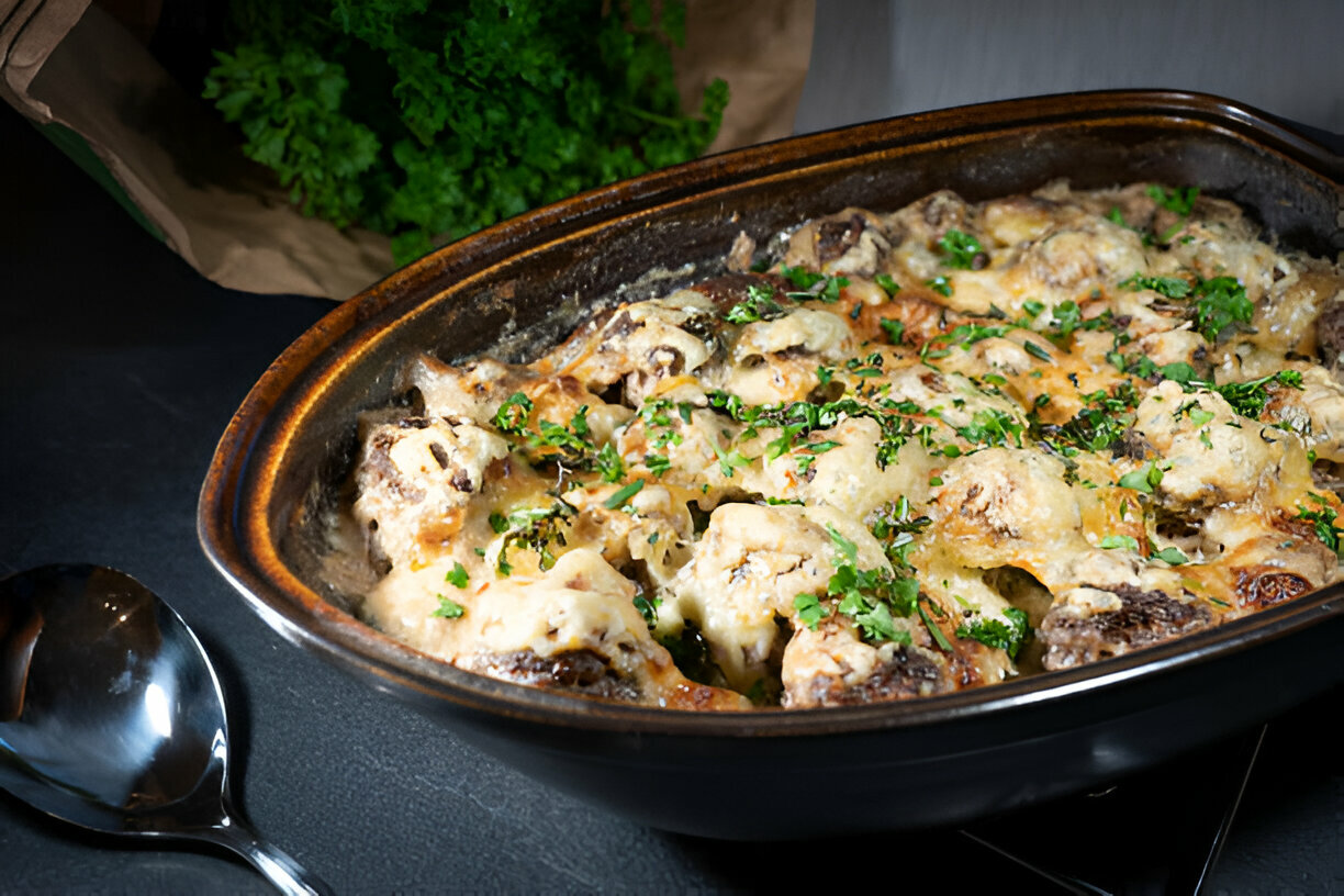 A delicious baked dish topped with melted cheese and herbs served in a dark ceramic dish.