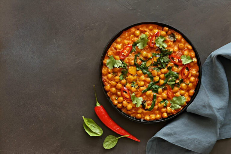 A bowl of chickpea curry garnished with fresh herbs and red chilies, with spinach leaves and a red chili on the side.