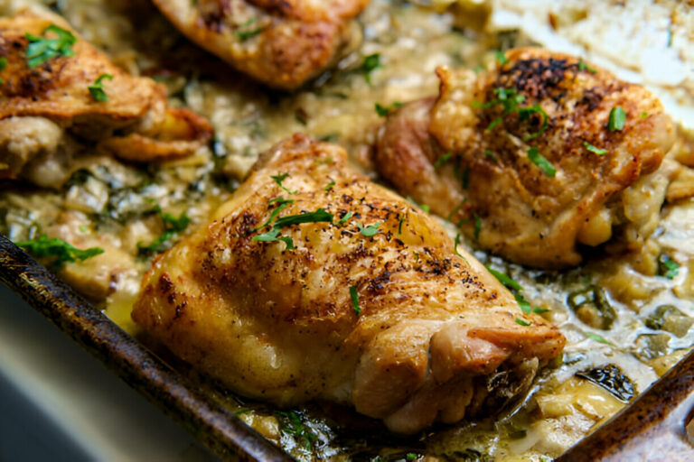 Close-up of golden-brown chicken thighs cooked in a savory sauce with herbs.