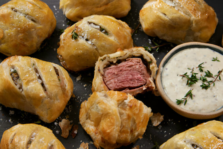 A platter of golden, flaky pastry bites with a cut open piece revealing pink, tender beef inside, accompanied by a small bowl of creamy sauce topped with fresh herbs.