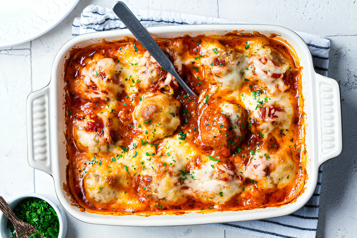 A delicious baked meatball dish topped with melted cheese and garnished with parsley, served in a white casserole dish.