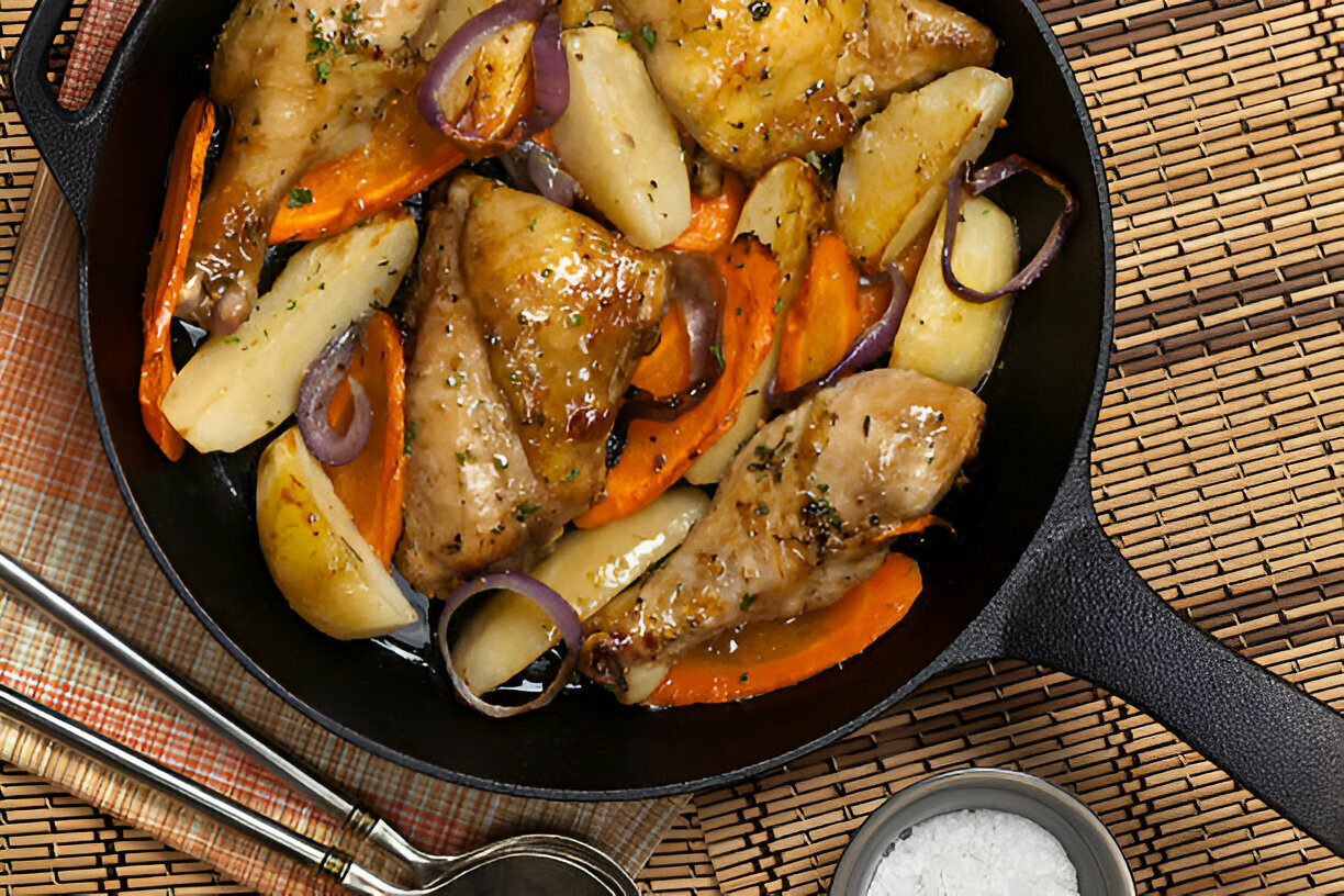 A delicious dish of roasted chicken with vegetables in a cast iron skillet.