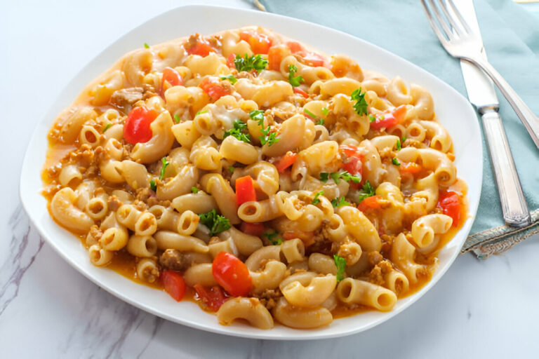 A plate of macaroni pasta mixed with ground meat and diced tomatoes, garnished with parsley.