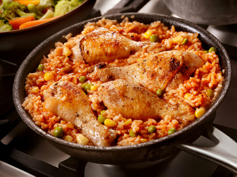 A close-up view of a skillet filled with chicken drumsticks on a bed of rice mixed with vegetables.