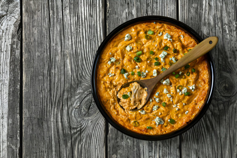 A creamy chicken dish topped with blue cheese and green onions, served in a black bowl on a wooden surface.