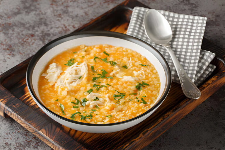 Bowl of creamy chicken soup garnished with parsley on a wooden tray