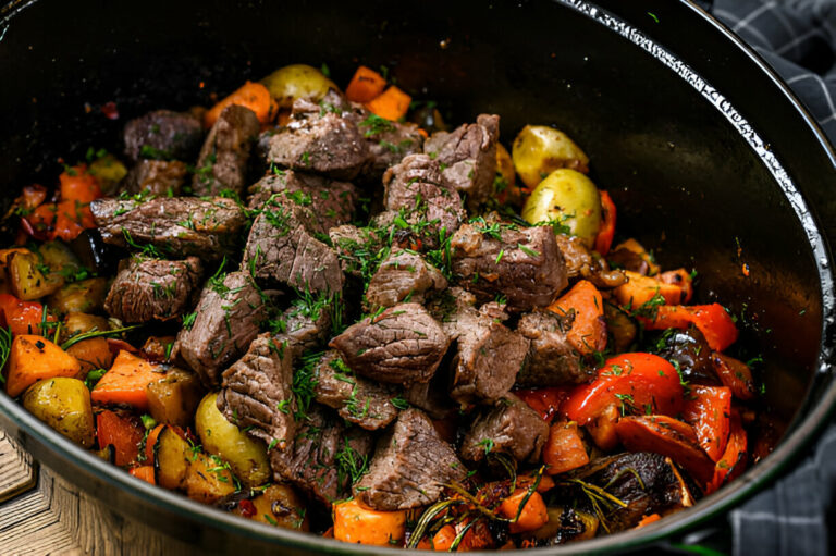 A hearty beef stew with chunks of tender meat surrounded by colorful vegetables including carrots, potatoes, and bell peppers, topped with fresh herbs.