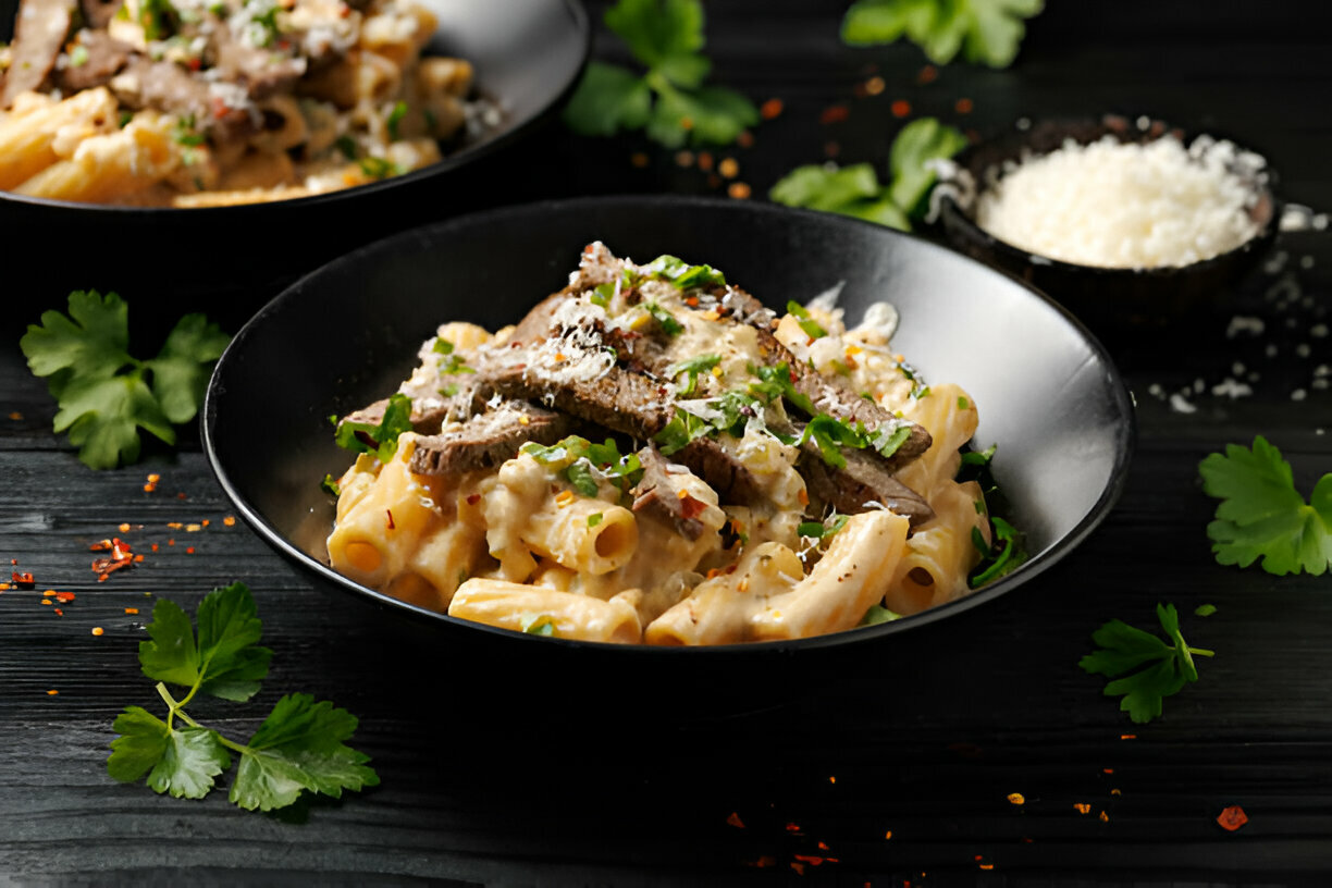 Creamy pasta dish topped with sliced beef and fresh herbs served in a black bowl