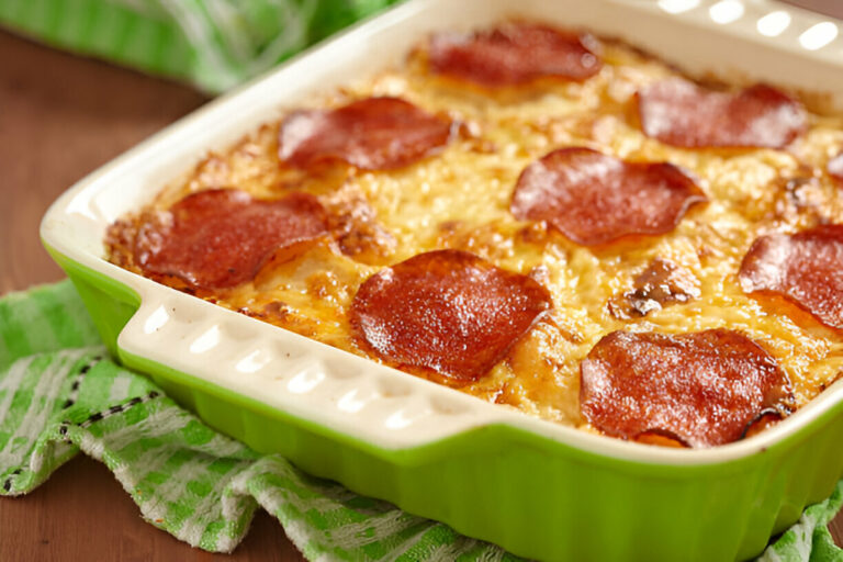 Baked dish with melted cheese and pepperoni in a green baking dish