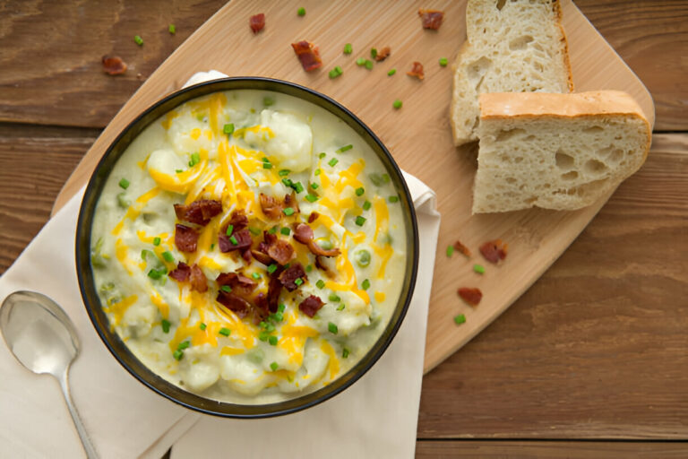 A bowl of creamy potato soup topped with shredded cheese, bacon bits, and chives, accompanied by slices of bread on a wooden serving board.