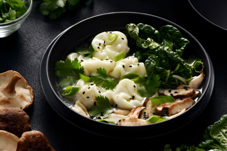 A delicious bowl of dumpling soup with greens and mushrooms.