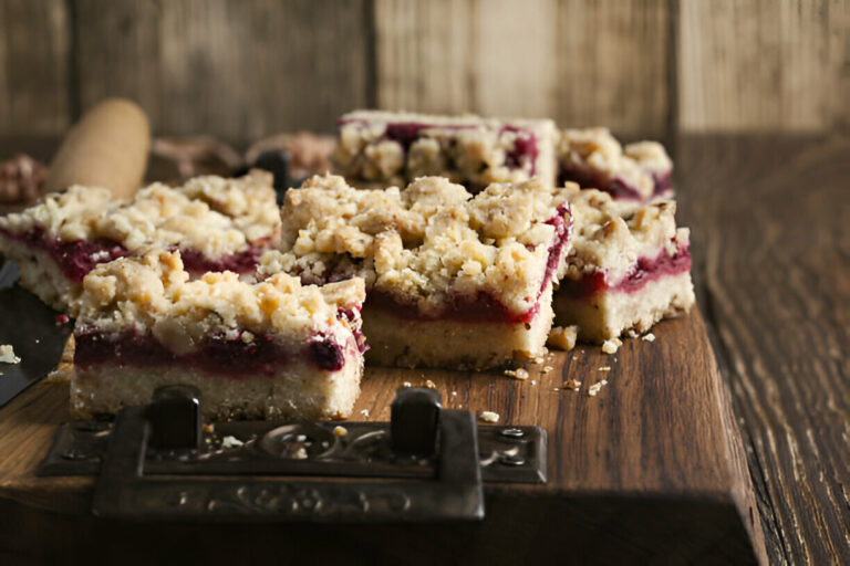 Delicious berry crumble bars on a wooden board