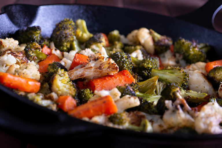 A colorful medley of roasted vegetables including broccoli, cauliflower, and carrots in a cast iron skillet.