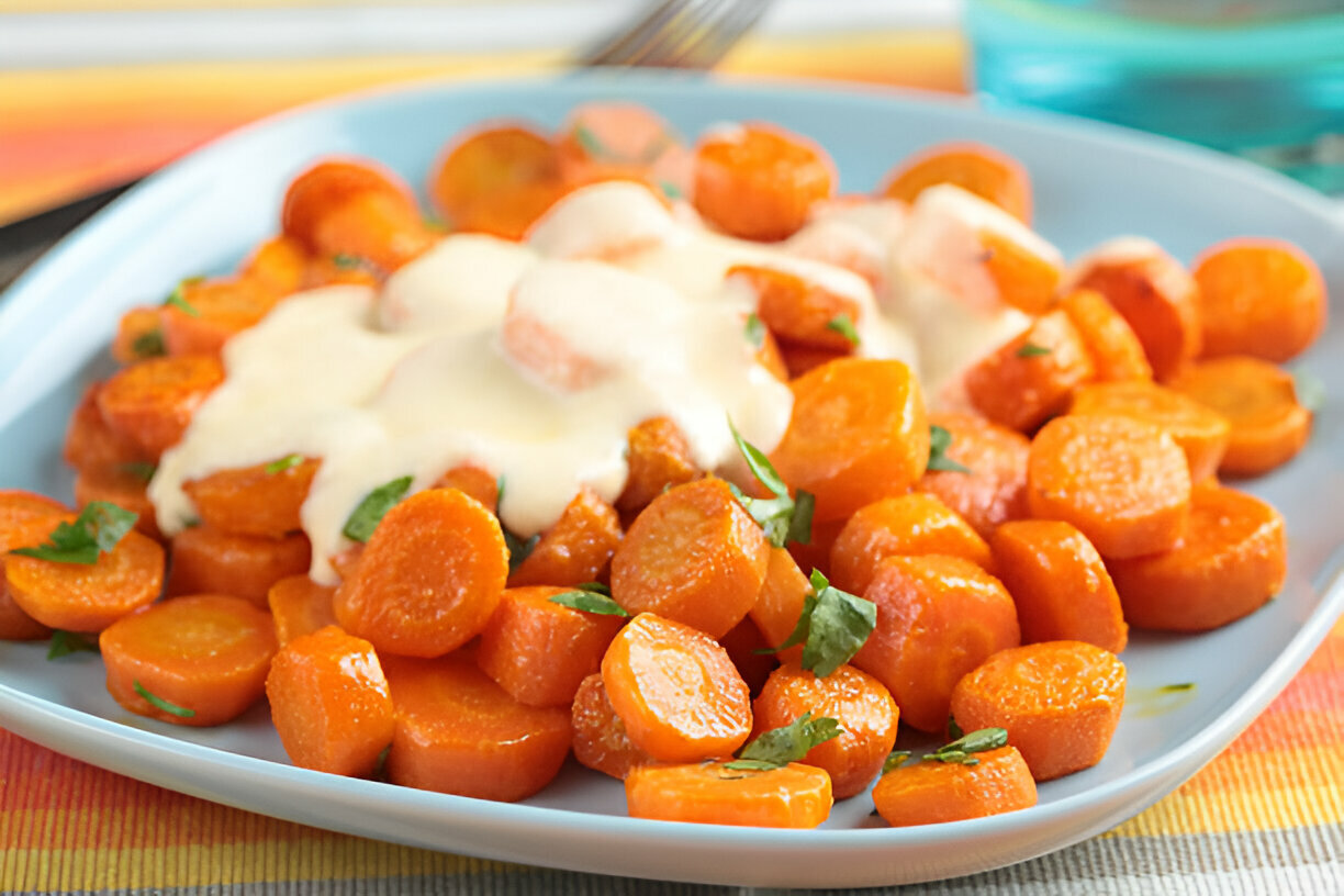 A plate of sliced cooked carrots topped with creamy sauce and garnished with fresh herbs.