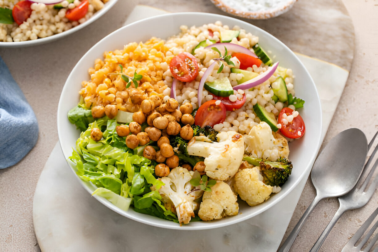 A healthy bowl filled with couscous, chickpeas, roasted cauliflower, and fresh vegetables including tomatoes and cucumbers.