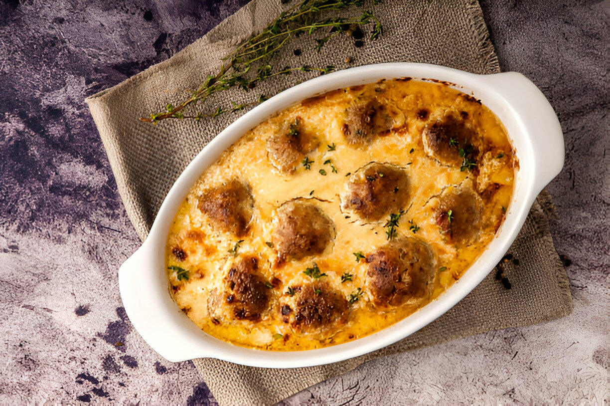 A dish of meatballs in a creamy sauce, garnished with herbs, served in a white baking dish on a rustic surface.