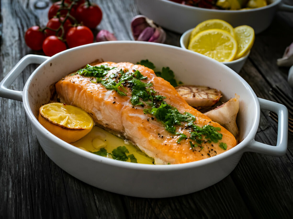 A beautifully cooked salmon fillet garnished with herbs, served with lemon slices and accompanied by cherry tomatoes.