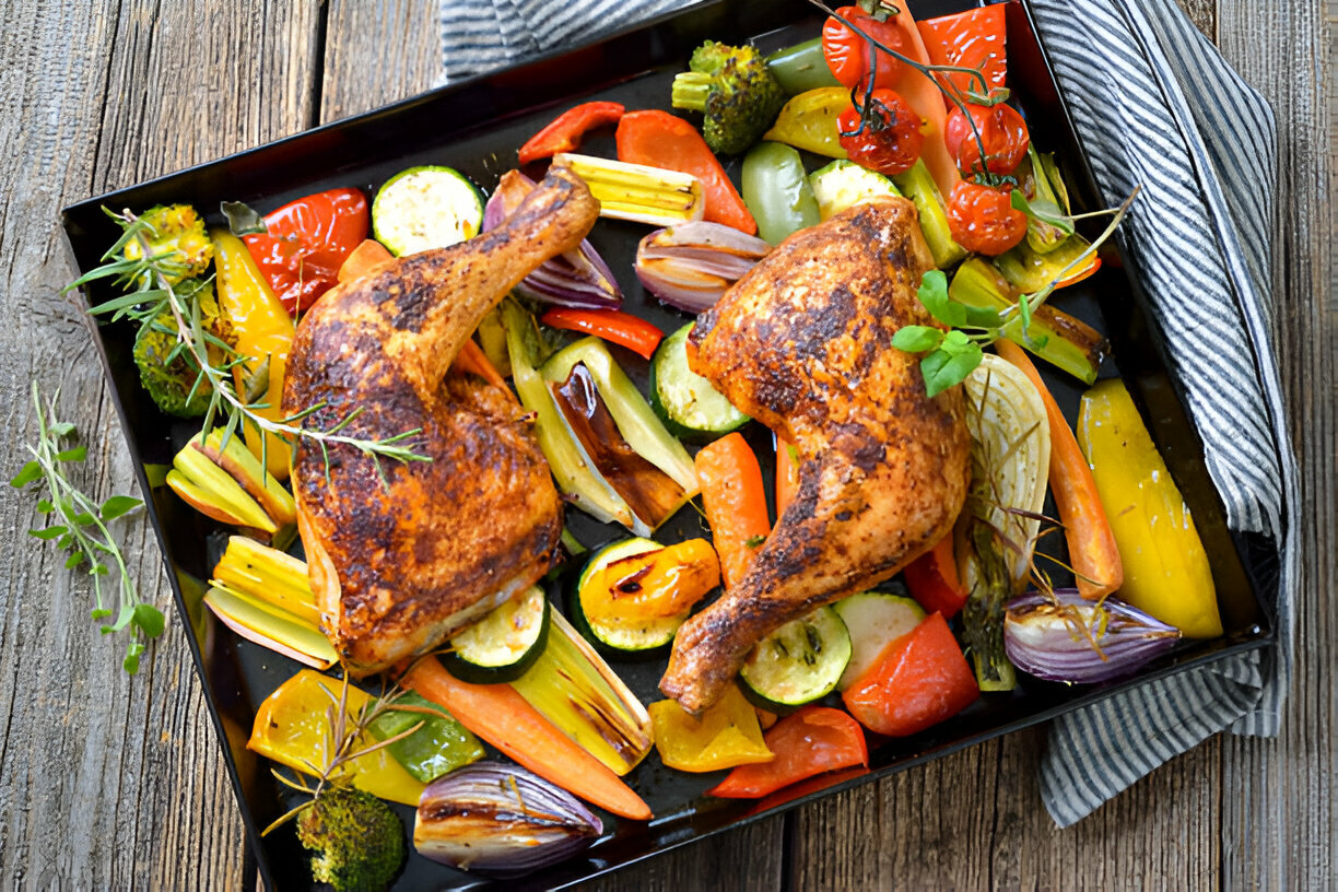 A black tray filled with roasted chicken legs and colorful mixed vegetables including bell peppers, zucchini, broccoli, and onions.