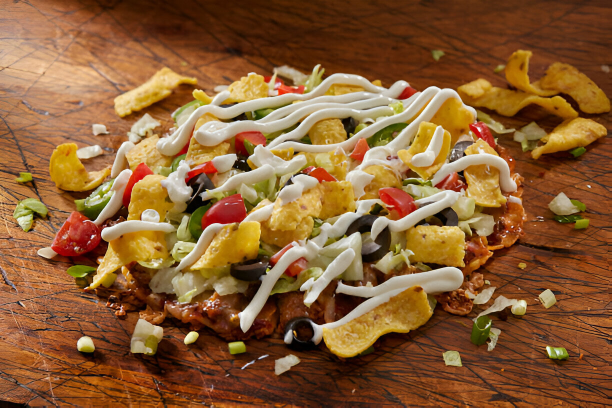 A delicious plate of nachos topped with fresh vegetables and drizzled with sour cream, on a wooden surface.