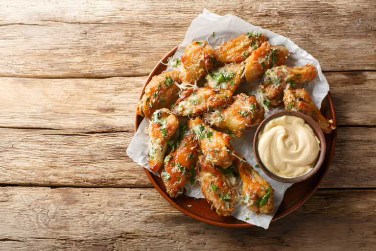 A platter of delicious chicken wings garnished with herbs and served with a creamy dip.