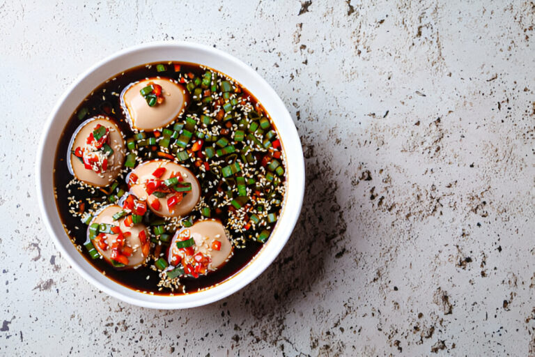 A bowl of marinated eggs in a dark soy sauce with green onions and red chili flakes garnished with sesame seeds.