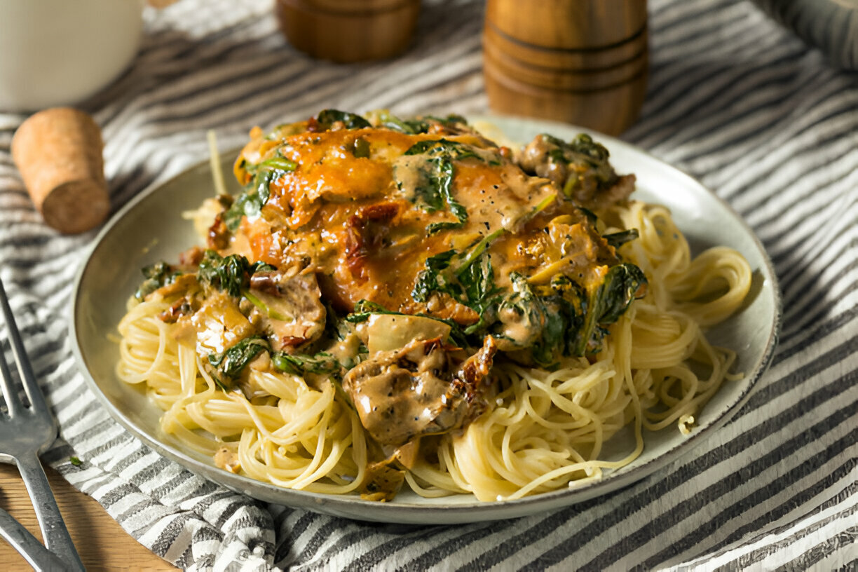 Plate of creamy pasta topped with vegetables and sauce on a striped tablecloth