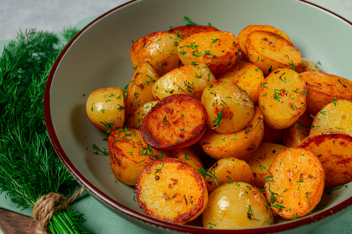 A bowl of golden roasted potatoes garnished with fresh dill.