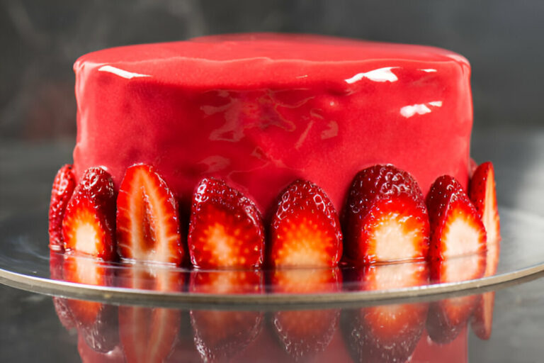 A glossy red cake topped with fresh sliced strawberries.