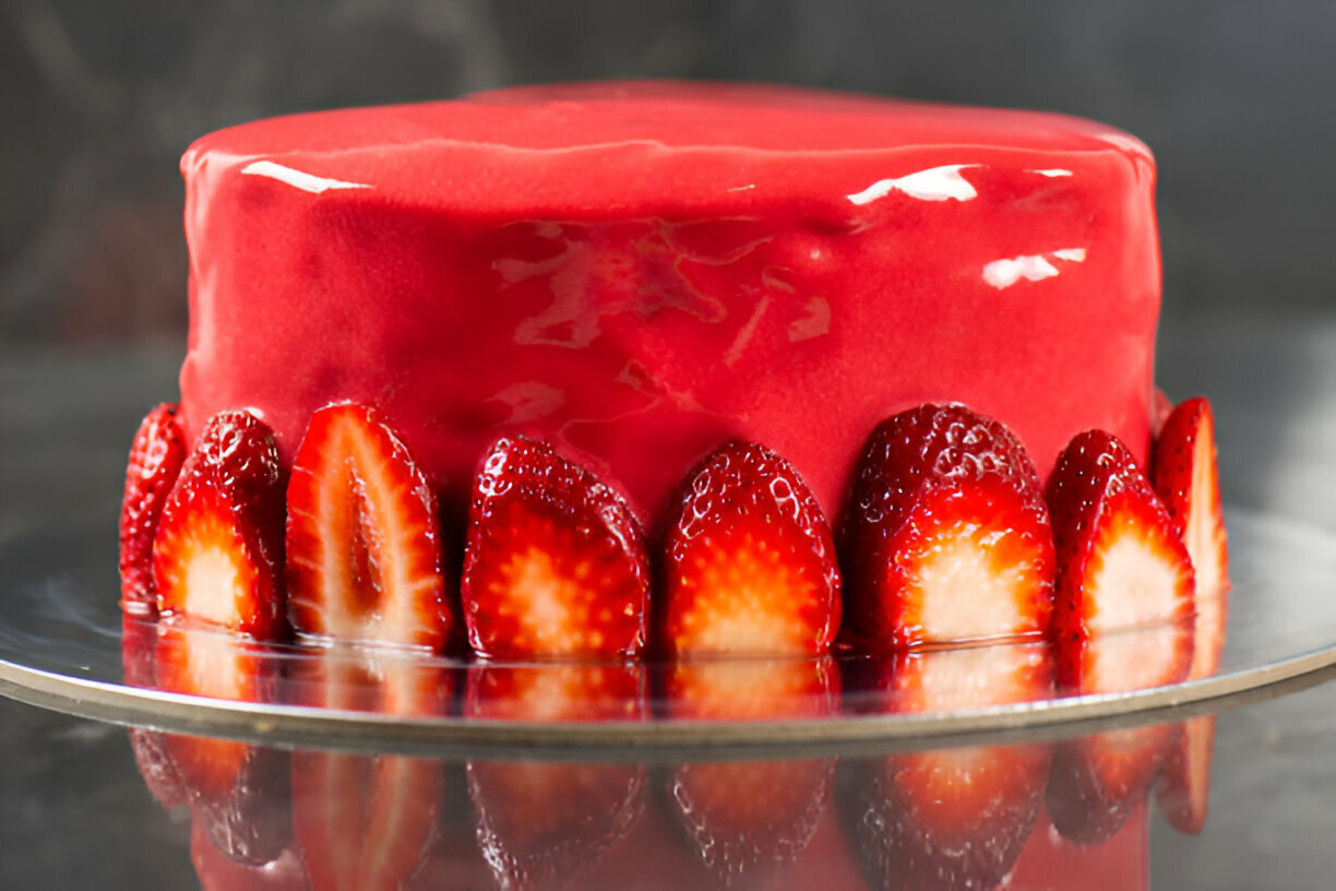 A glossy red cake topped with fresh sliced strawberries.