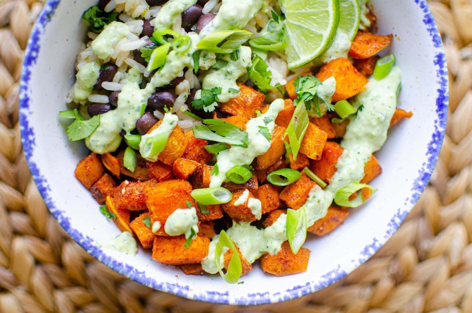 Sweet Potato and Black Bean Bowls with Avocado Lime Dressing