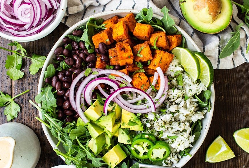 Sweet Potato and Black Bean Bowls with Avocado Lime Dressing