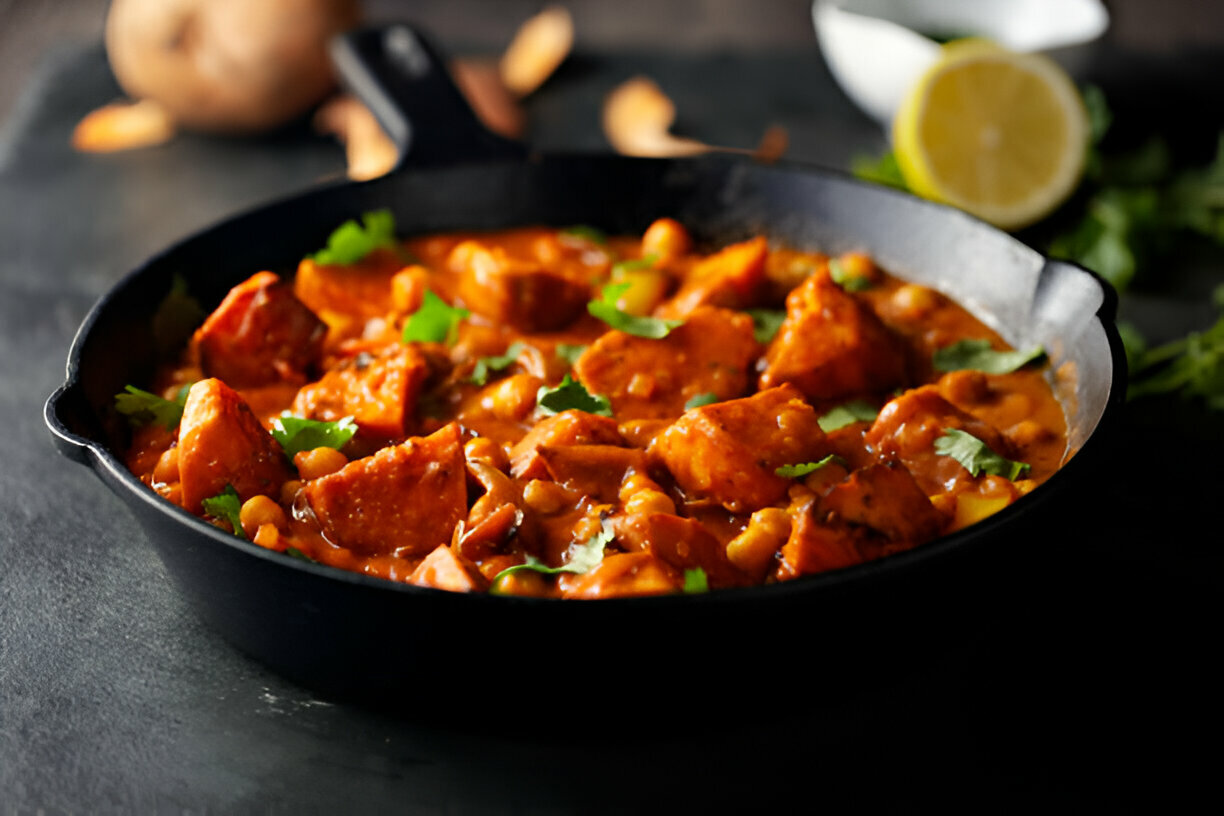 A cast iron skillet filled with a colorful, spicy dish featuring chunks of potato and garnished with fresh cilantro.