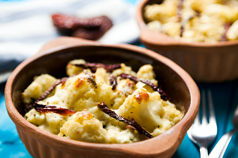 Baked cauliflower with spices in a clay dish, served on a blue tablecloth