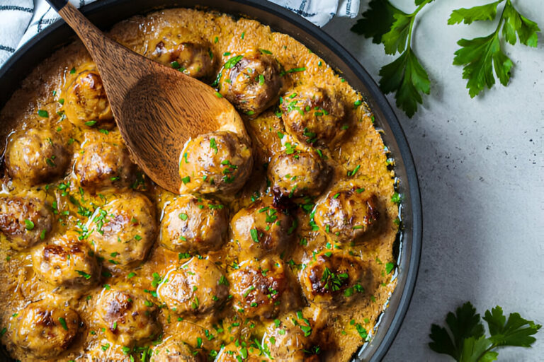 A close-up of meatballs in a creamy sauce, garnished with herbs, in a black skillet with a wooden spoon.