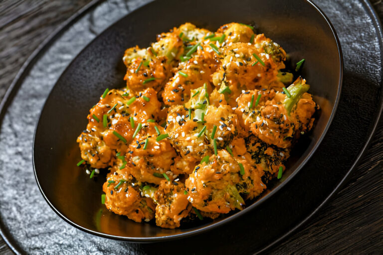 A black bowl filled with a colorful dish of seasoned cauliflower and broccoli florets topped with green chives and sesame seeds.