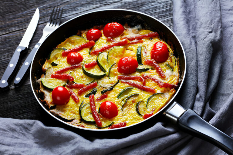 A delicious frittata with zucchini, cherry tomatoes, and strips of ham in a black frying pan.